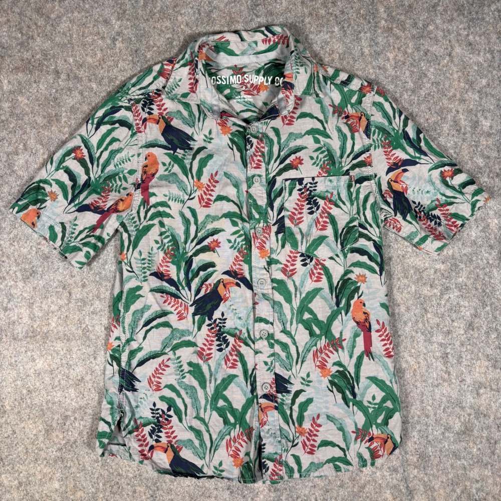 Mossimo Button Down Mens S Hawaiian Camp Gray Tropical Toucan Camp Aloha Shirt